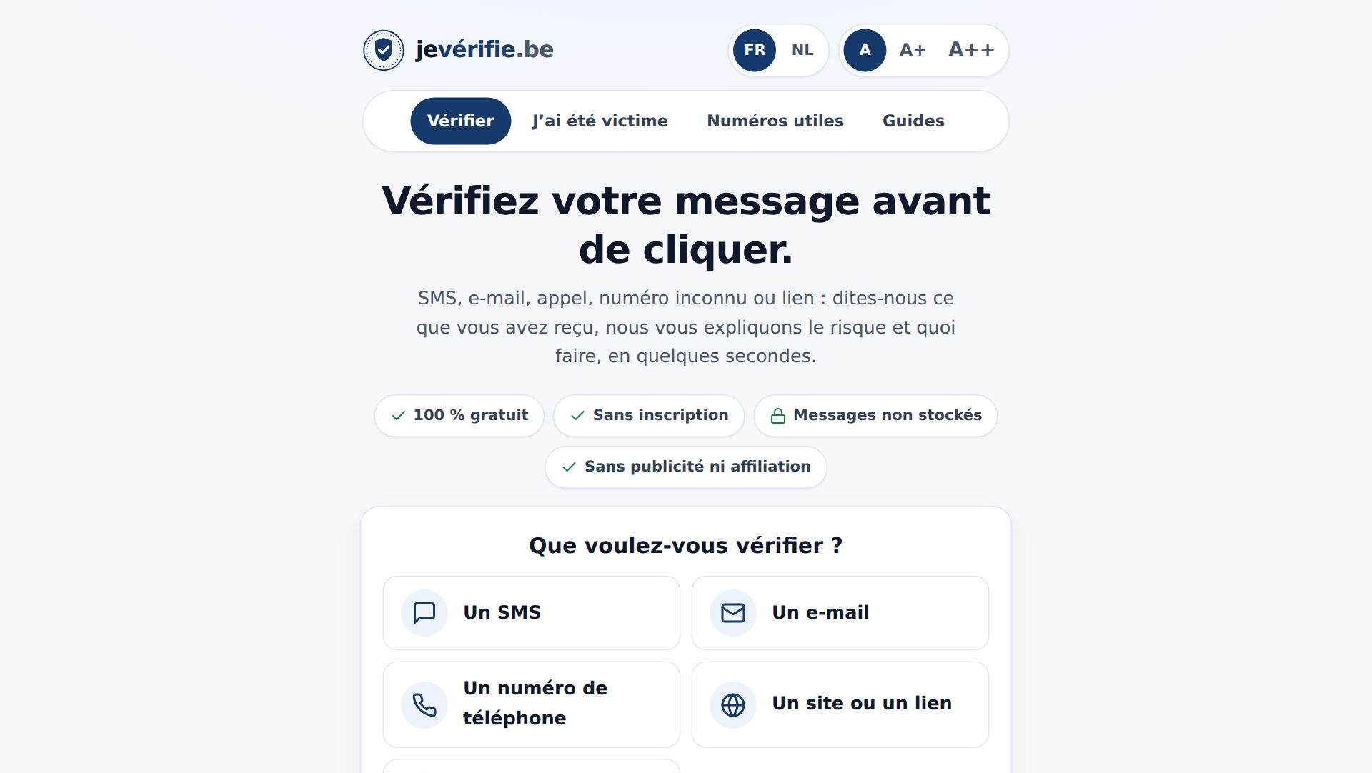 Interface de jeverifie.be pour examiner un message suspect